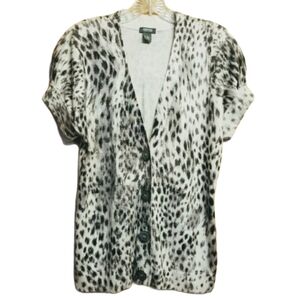Kenneth Cole | Animal Print Silk Blend Short Sleeve Cardigan Sweater (Medium)